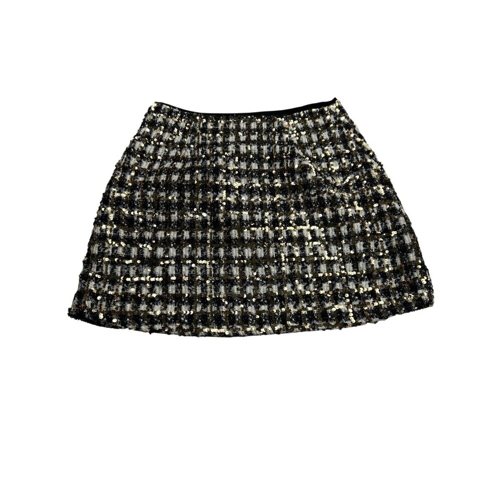Lulus Black & Gold Sequin Plaid Mini Skirt M Side Zip Polyester Rayon - Picture 4 of 10